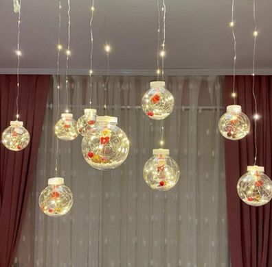 LED гирлянда штора шары дед мороз - белый тёплый (3м, 10 шаров по 8 см)