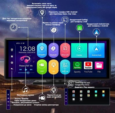 Видеорегистратор на торпеду ОС Android 10.0 поддержка Android Auto, CarPlay, GPS, Wi-Fi, 4K, Bluetooth, FM