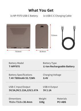Аккумулятор универсальный Kingma NP-F970 7800mAh с Type-C зарядкой для видеосвета и камеры